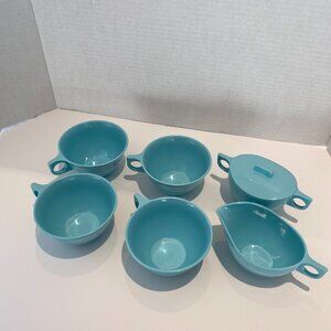 Vintage MELMAC creamer sugar and 4 cups Reto Made in Canada Turquoise